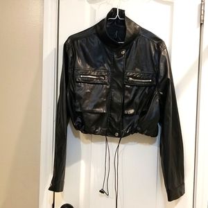 American Bazi Black Faux/Vegan Leather Crop Moto Jacket with Bungee Cinch Waist